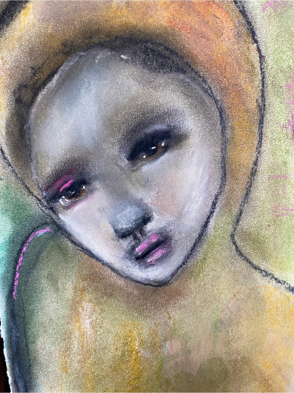 Contemporary Abstract Portrait Original art in Gold, Green and Pink